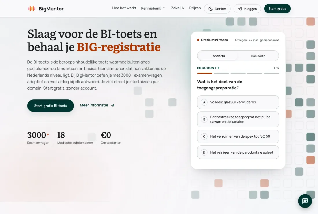 De homepage van BigMentor met de gratis mini-toets