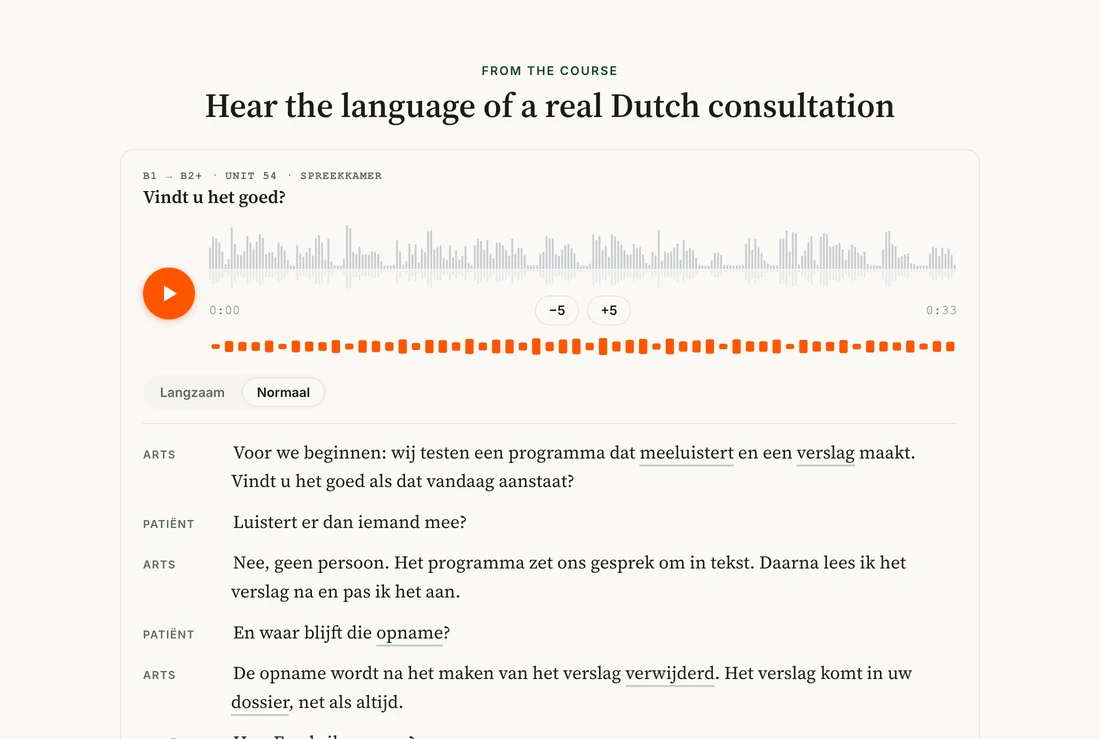 Een consult uit de module B1 naar B2+: audiospeler met golfvorm, en het gesprek met onderstreepte nieuwe woorden